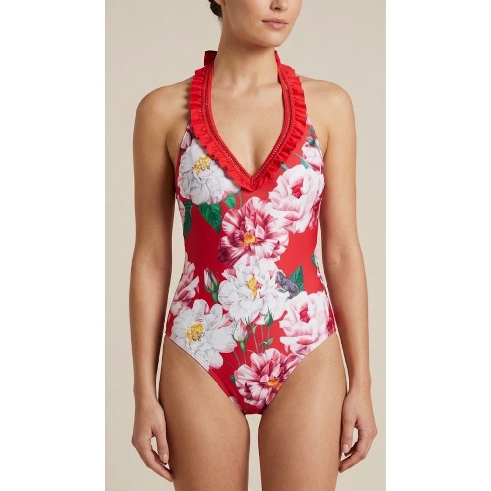 Ted Baker London Red Floral Ruffle Halter One Piece Swimsuit Padded Open Back L